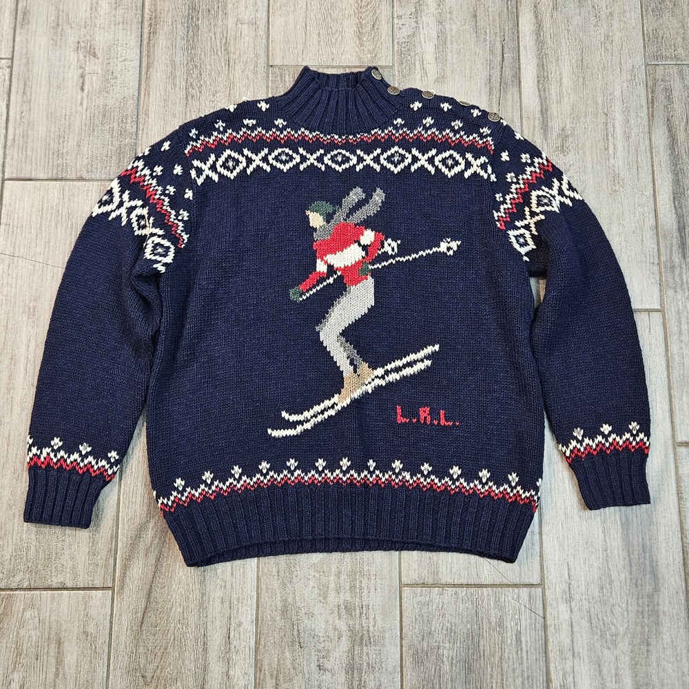 Lauren Ralph Lauren Sweater Size PM Hand Knit Skier Intarsia Fair Isle Vintage
